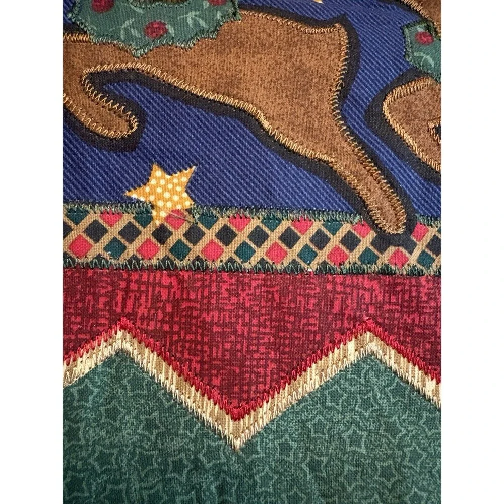 Vintage Quilted Christmas Table Runner Reindeer Applique Blue Green Country 90s